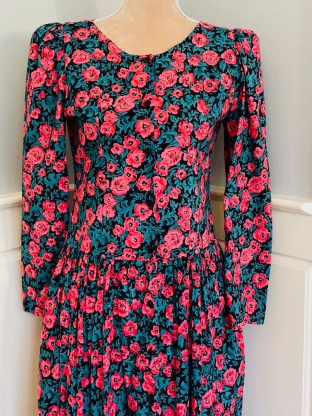 Komil Honolulu Vintage Cottagcore Floral Drop Waist Midi Dress Button Front Sm - Picture 4 of 10
